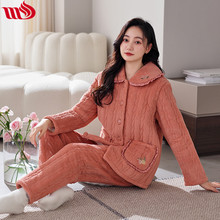 睦隆世家珊瑚绒三层夹棉睡衣女冬季加绒加厚保暖可外穿家居服套装