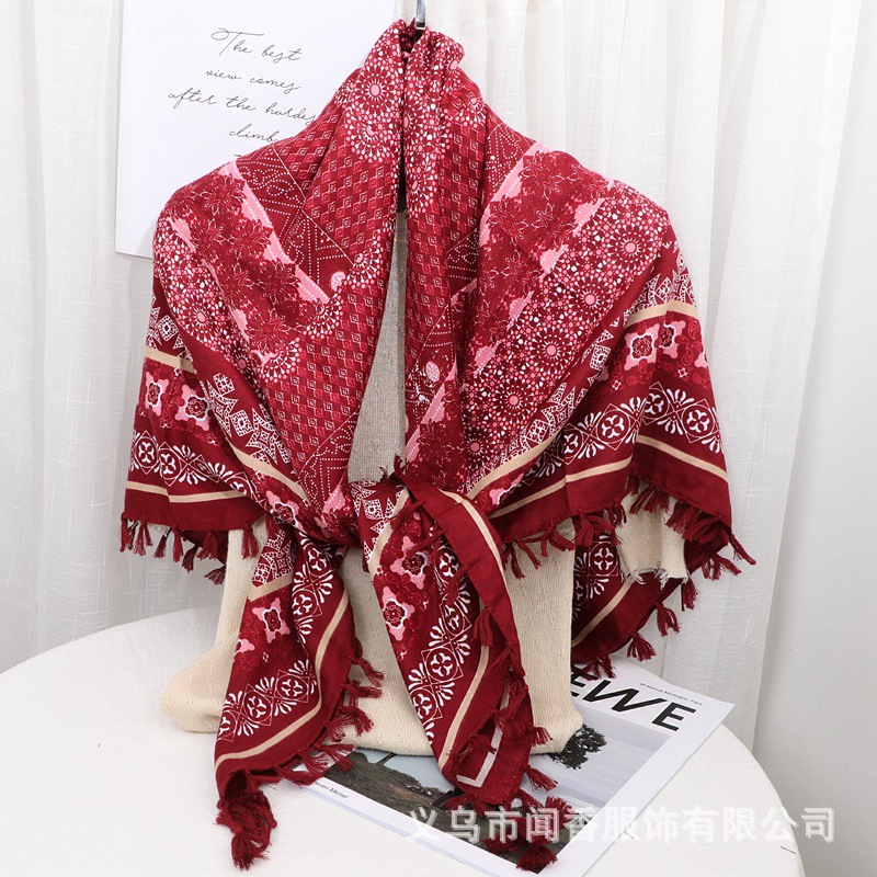 2023 New Ethnic Style Headcloth 110 Large Kerchief Women's Warm Cotton Tissue Northwest Travel Trip Shoot Sunscreen Shawl