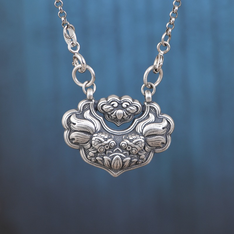 金鹿王 s925银套链 简约文艺如意莲花金鱼银锁吊坠圆环珍珠链50cm