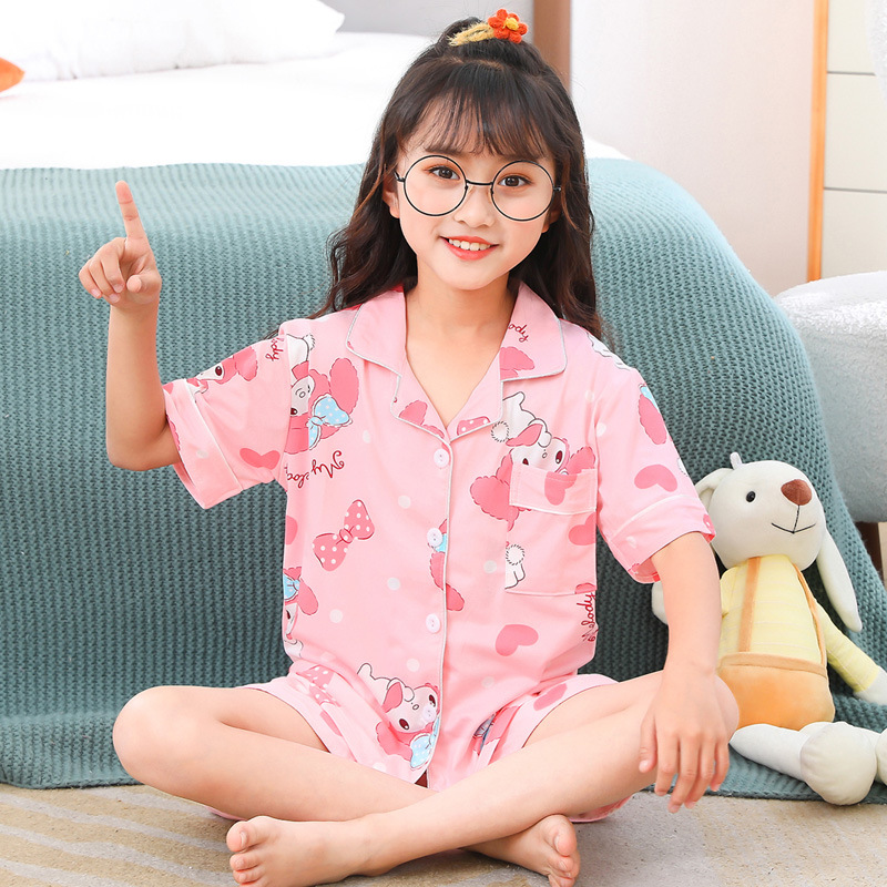 牛奶丝棉睡衣夏季短袖女童小中大童开衫姐妹睡裤卡通套装家居服