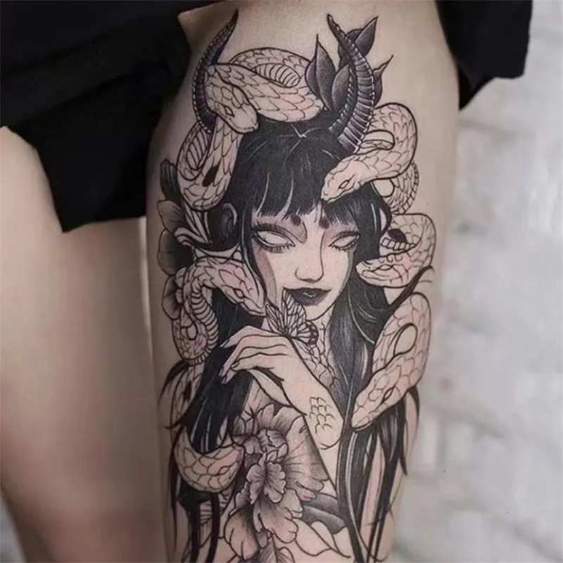 九头美女蛇纹身贴本美杜莎大腿花臂暗黑艺伎个性女果汁贴纸持久