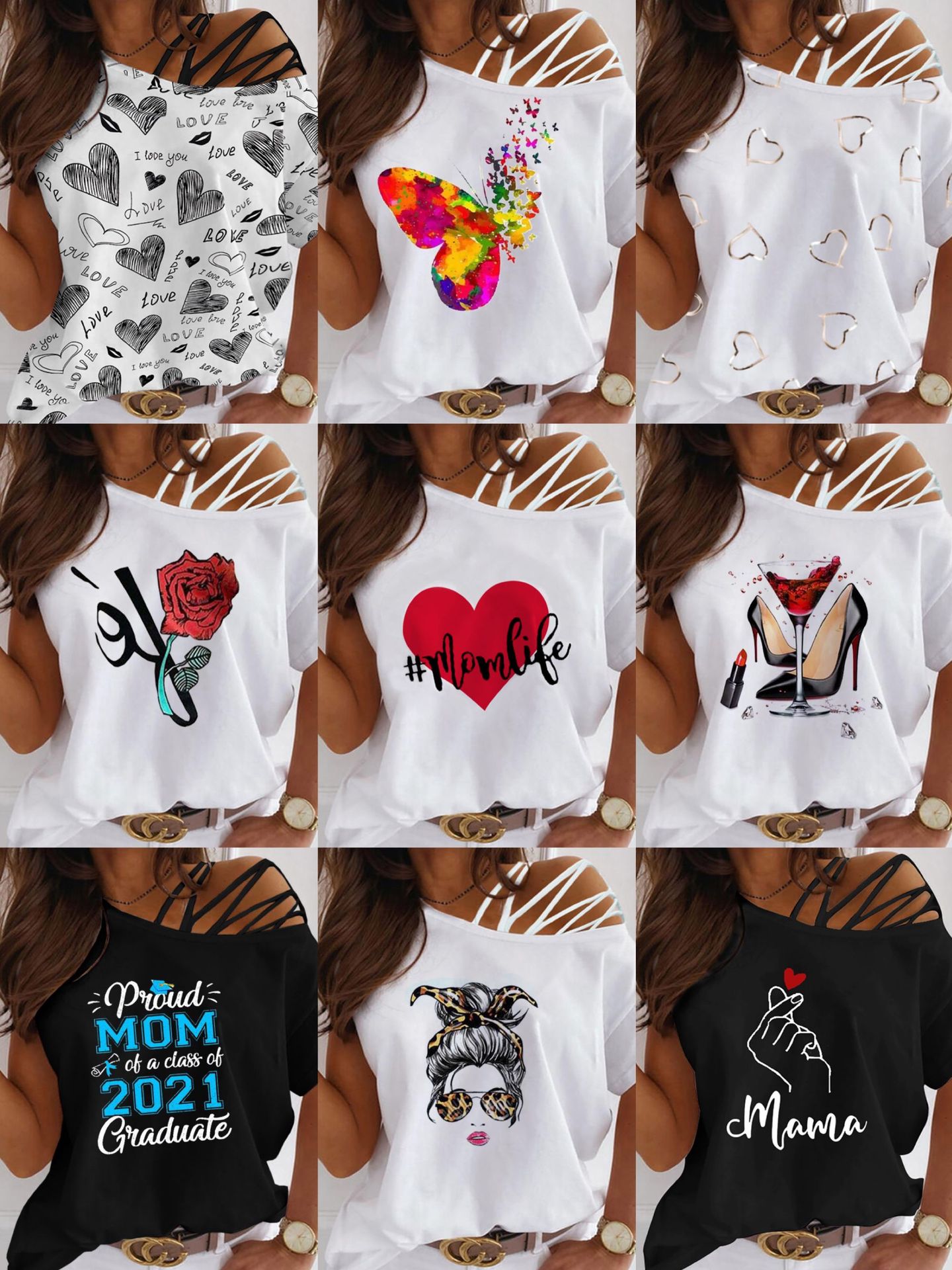 欧美新款露肩印花T上衣