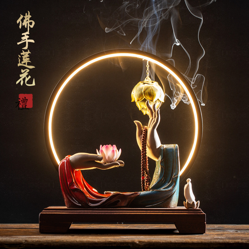 问佛香炉倒流陶瓷仿古大号观赏烟桌面禅意摆件家用玄关莲花沉香炉