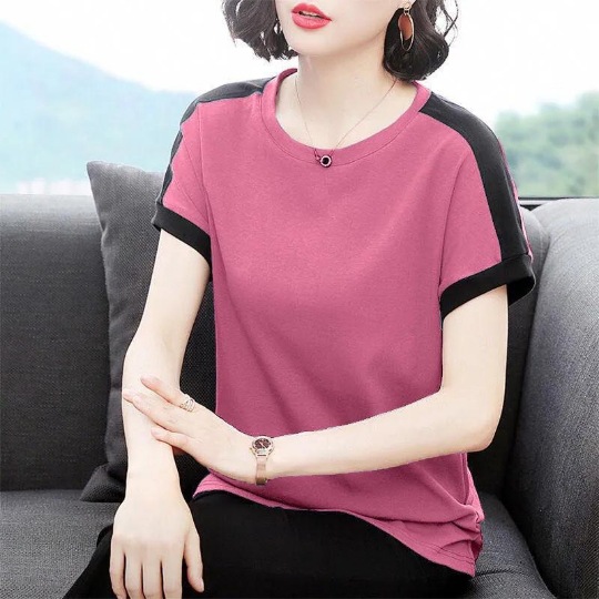 2023 Summer Korean Style Mom Wear Loose Large Size Contrast Color Short Sleeve round Neck Top Loose and Simple Western Style Shirt
