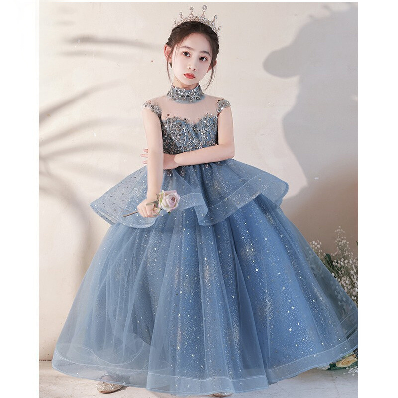 女童蓝色礼服洋气生日宴会蓬蓬纱公主裙儿童主持人钢琴演奏演出服