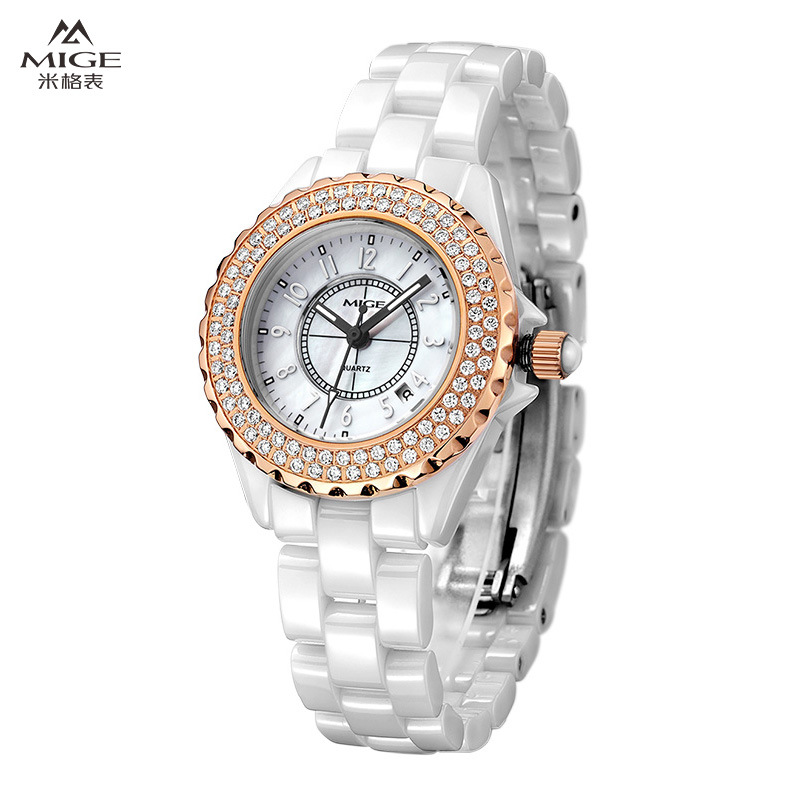 米格(mige)镶钻陶瓷钢带石英女表简约时尚气质防水腕表mg88006