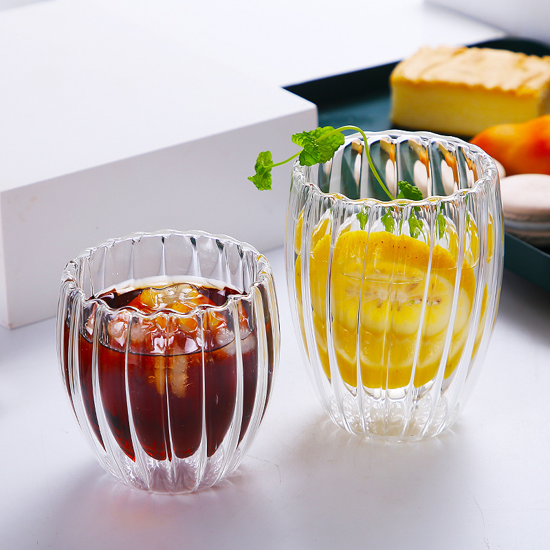 New Creative Striped Double Layer Glass Cup Thickened and Anti-Scald Thermal Shielded Coffee Cup Household Goose Egg-Shaped Borosilicate Water Cup