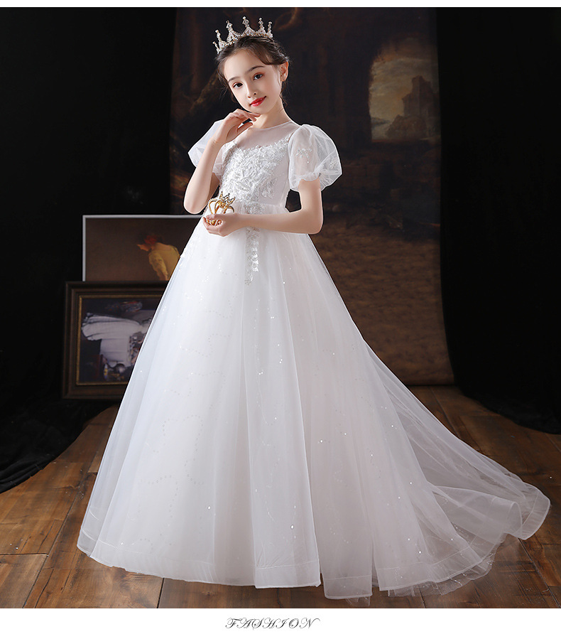 儿童白纱裙礼服花童婚礼公主裙洋气女童主持人走秀拖尾晚礼服夏季