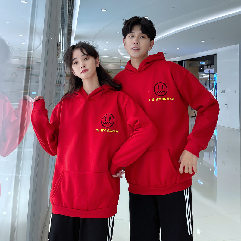 实拍秋季新款情侣装新潮连帽印花卫衣男女班服