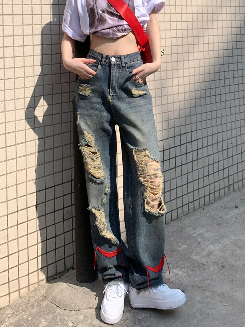 美式vintage复古做旧破洞牛仔裤女ins潮高街hiphop宽松直筒拖地裤