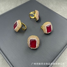 新款玉石胭脂红宝石镶嵌戒指个性时尚手工指环直播源头货源批发