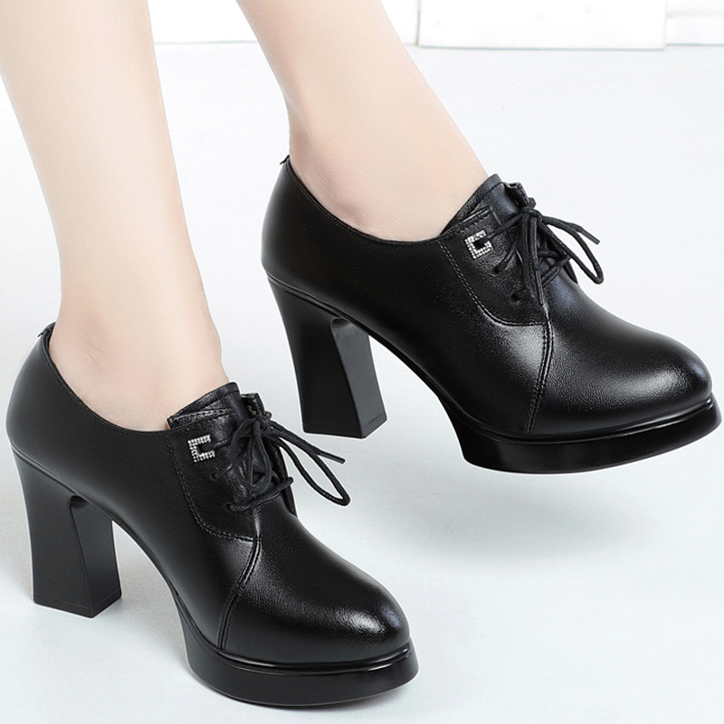 新款皮鞋女士高跟系带粗跟深口真皮单鞋休闲圆头中跟工作鞋-阿里巴巴