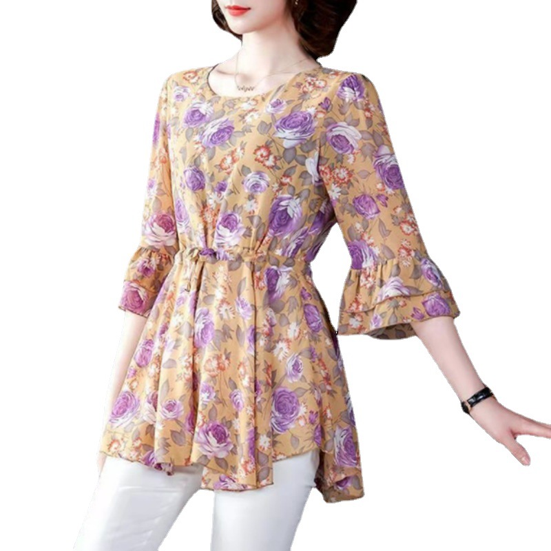 2023 Summer Middle-Aged and Elderly Women's Dress Floral Women's T-shirt Fashionable Loose Mid-Length Ice Silk Top