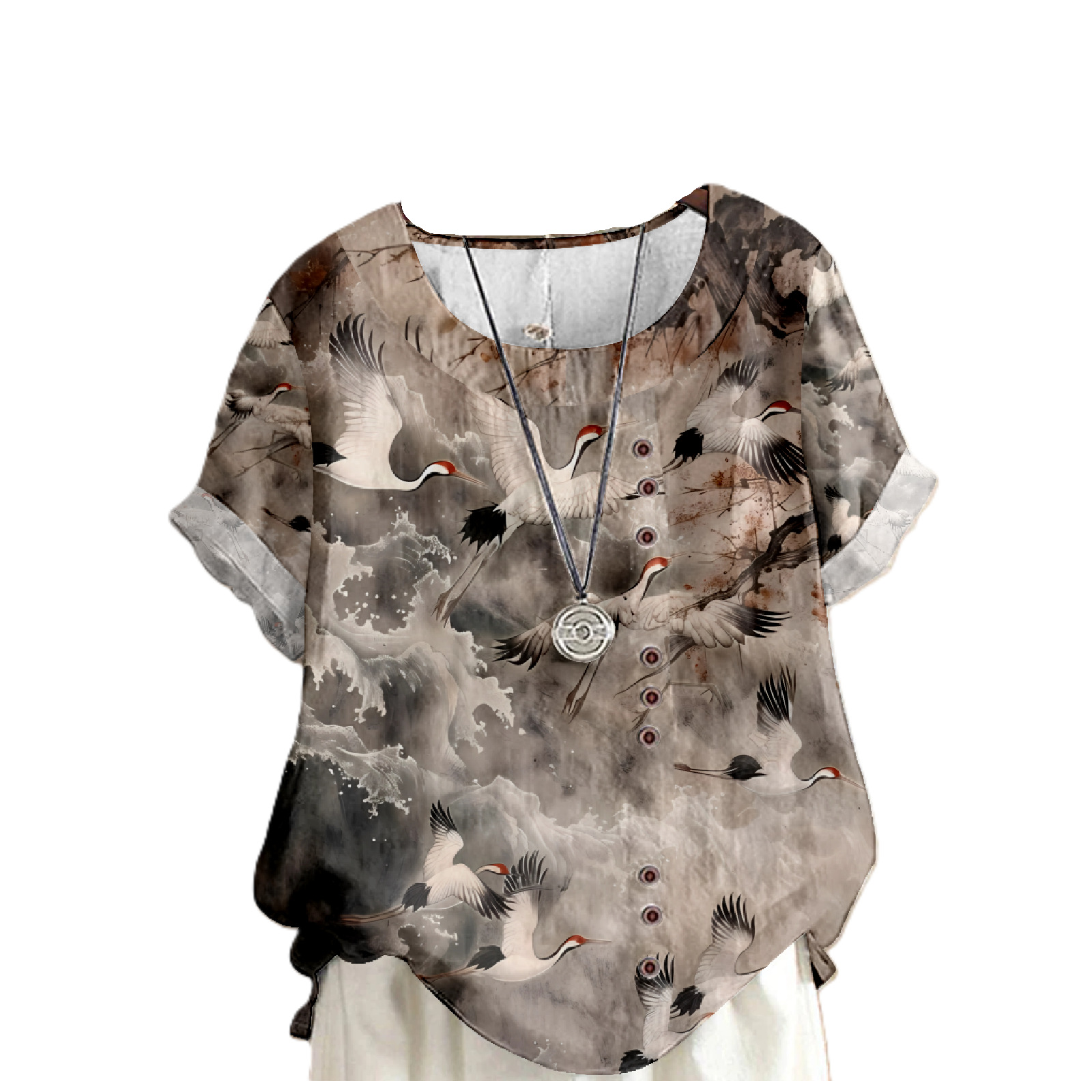 时尚夏季新款独立站热销女士圆领t恤曼陀罗印花休闲宽松街头潮流