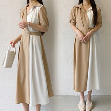 韩国chicc法式小众翻领设计感撞色拼接一粒扣收腰短袖连衣裙