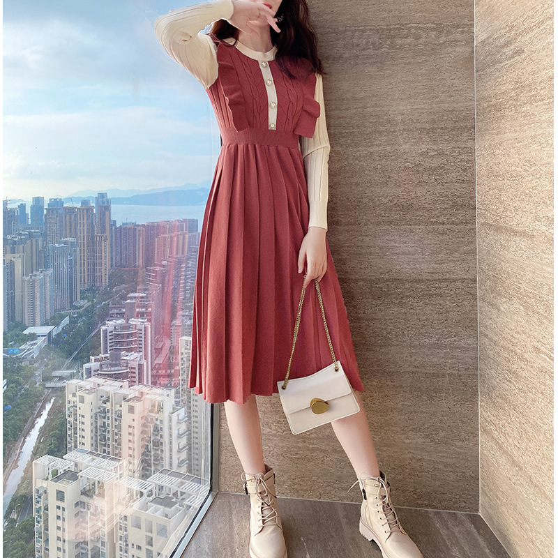 红色针织毛衣拼接百褶裙2021春秋女装新款荷叶边名媛小香风连衣裙