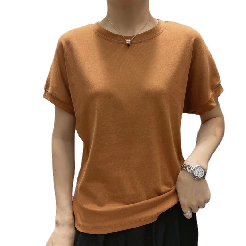 Loose Large Version Threaded Cotton round Neck Short Sleeve T-shirt Female 2023 High Elastic Bottoming Top Counter Quality Soft Glutinous Skin-Friendly