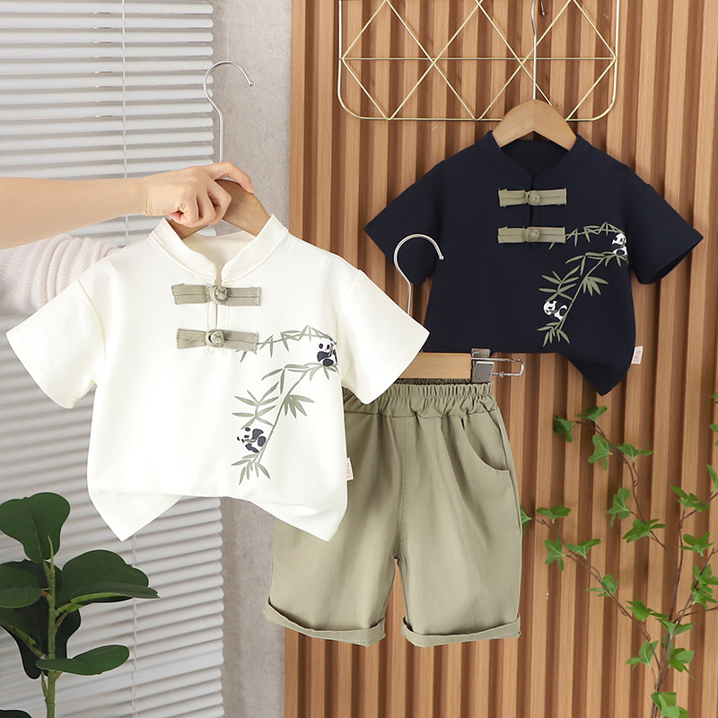 2024 New Western Style Boy Summer Clothing Shirt Outfit Baby Boy Summer Chinese Frog Tang Suit National Style Shirt Outfit