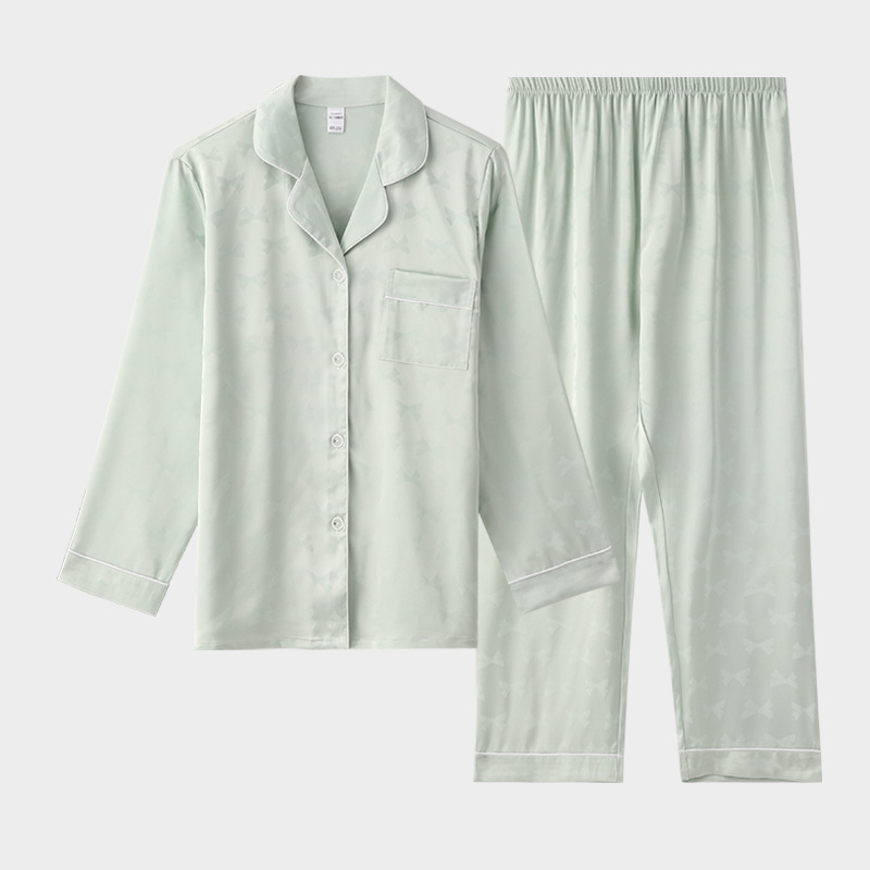 Ice Silk Pajamas Women's Long Sleeve Spring and Summer Two-Piece Set plus Size Imitated Silk Pajamas Jacquard Silk Suit Home Wear Wholesale