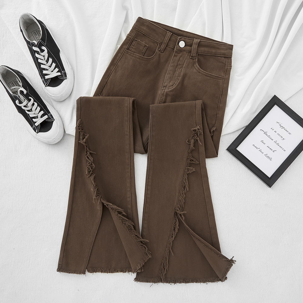   Brown Skinny Jeans Women's Autumn High Waist Coffee Color Retro Brown American Extended Version Workwear Flared Pants