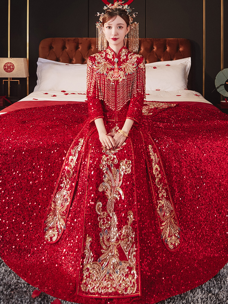 红色亮片秀禾服2021新款中式嫁衣新娘结婚喜庆出阁服凤冠霞帔2022