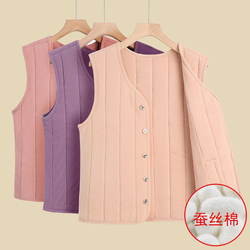 中老年冬德绒夹棉马甲女士保暖背心妈妈装纯色内穿外搭坎肩外套