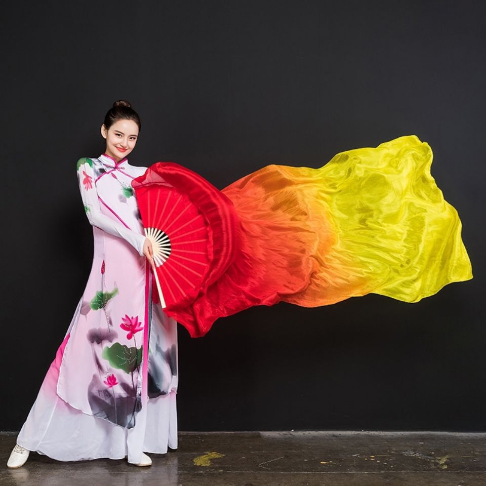 舞蹈扇子三色渐变火焰扇加长长绸扇锦鲤抄舞蹈彩虹秧歌长扇跳舞扇