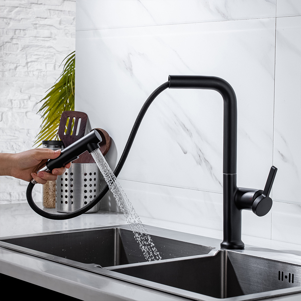 全铜抽拉式水龙头冷热厨房洗菜盆灶台可旋转下拉双模式切换哑黑色