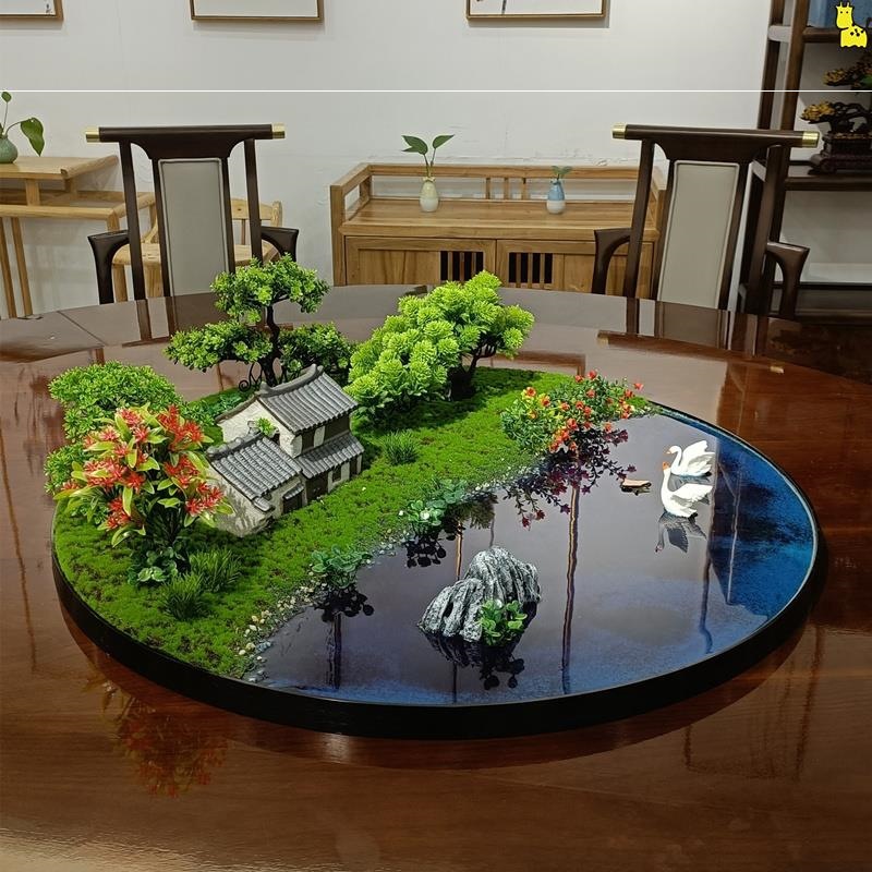 大圆桌转盘摆花餐桌摆件枯山水沙盘微景观酒店桌面中间装饰品创意