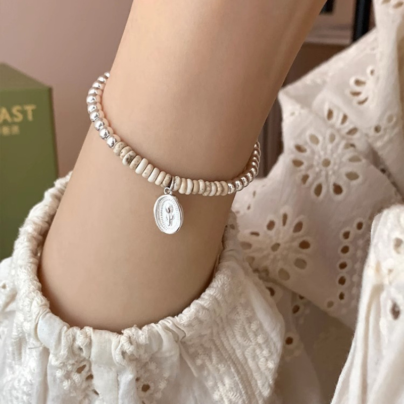 Korean Style New S925 Sterling Silver Tulip Turquoise Small Pieces of Silver Bracelet Female Fashion Minority Design High-Grade Bracelet