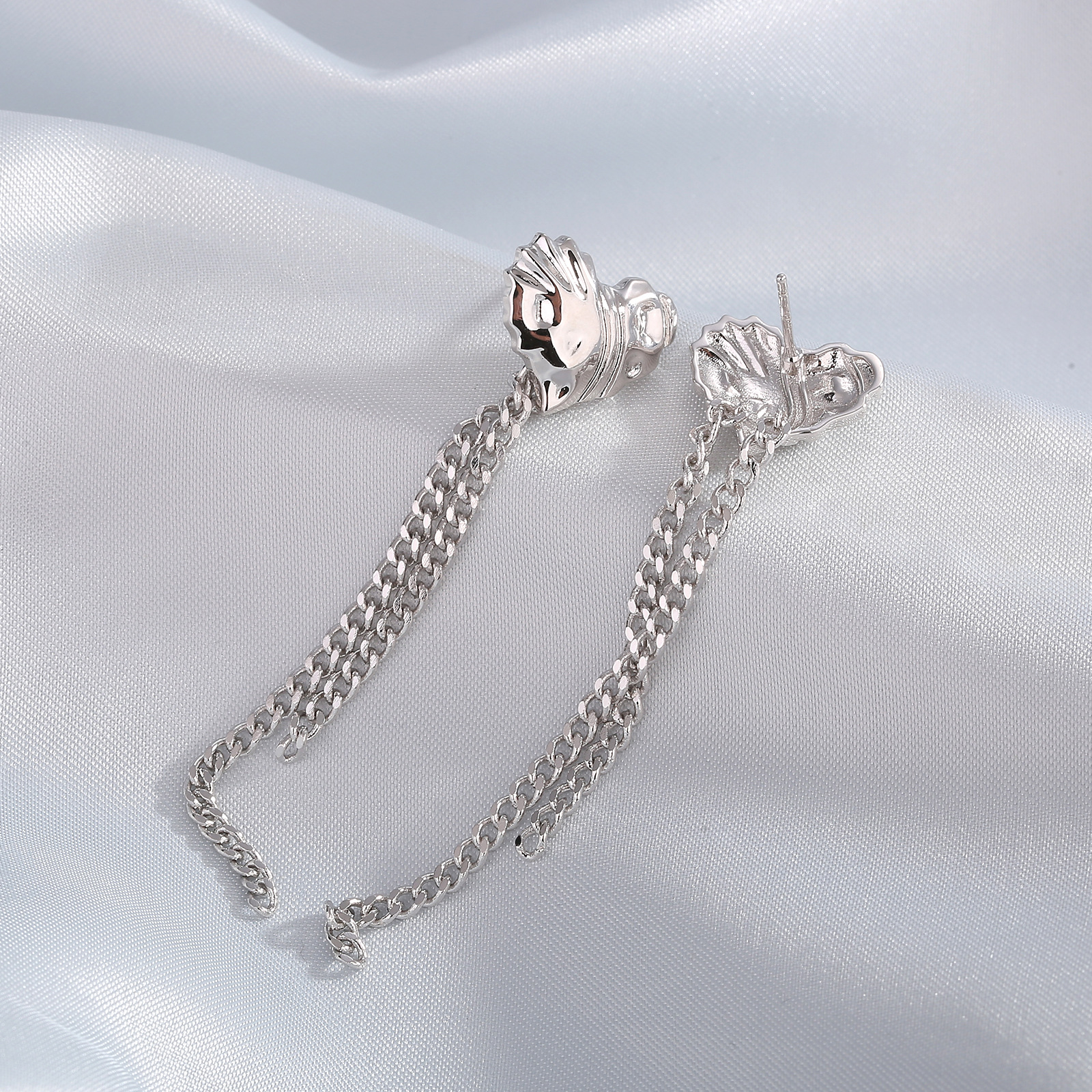 Ins Style 3d Three-Dimensional Flowing Pattern Heart-Shaped Irregular Chain Tassel Earrings Sweet and Cute Earrings 925 Silver Needle