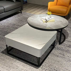 德利丰岩板茶几意式轻奢极简方圆组合岩板茶几现代家用小户型茶几