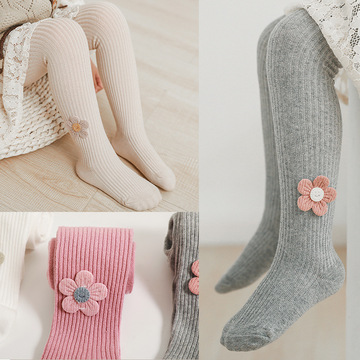 春秋薄款女童连裤袜纯色条纹精梳棉打底裤儿童外穿中厚太阳花洋气