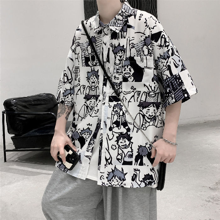 Hong Kong Style Japanese Style All-Matching Pu Handsome Shirt Men's Short Sleeve Summer Korean Style Loose Drooping Trendy plus Size Half Sleeve Underwear