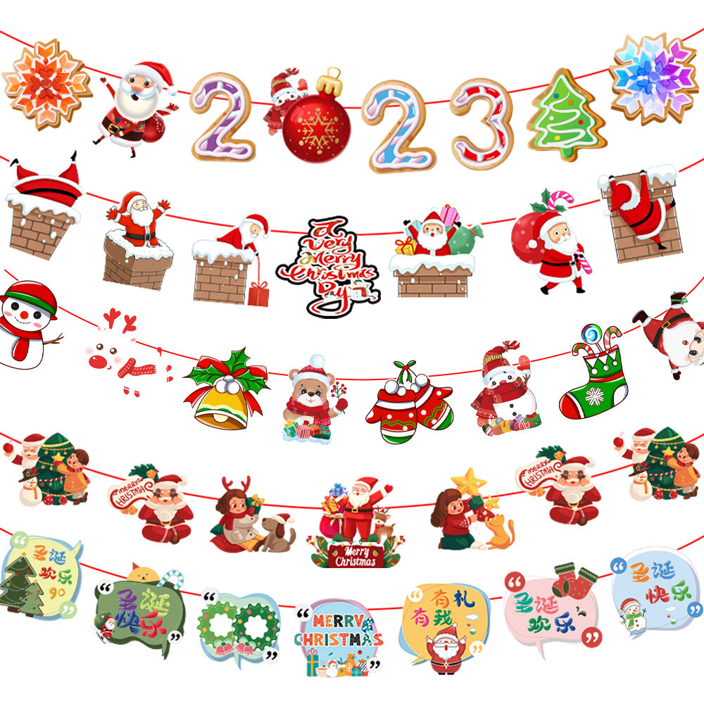 2023 New Christmas Decoration Cartoon Paper Hanging Flag Christmas Party Event Scene Atmosphere Layout Colorful Flags