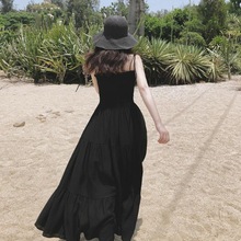 夏季长裙新款韩版修身吊带一字肩连衣裙女大摆小黑裙沙滩度假