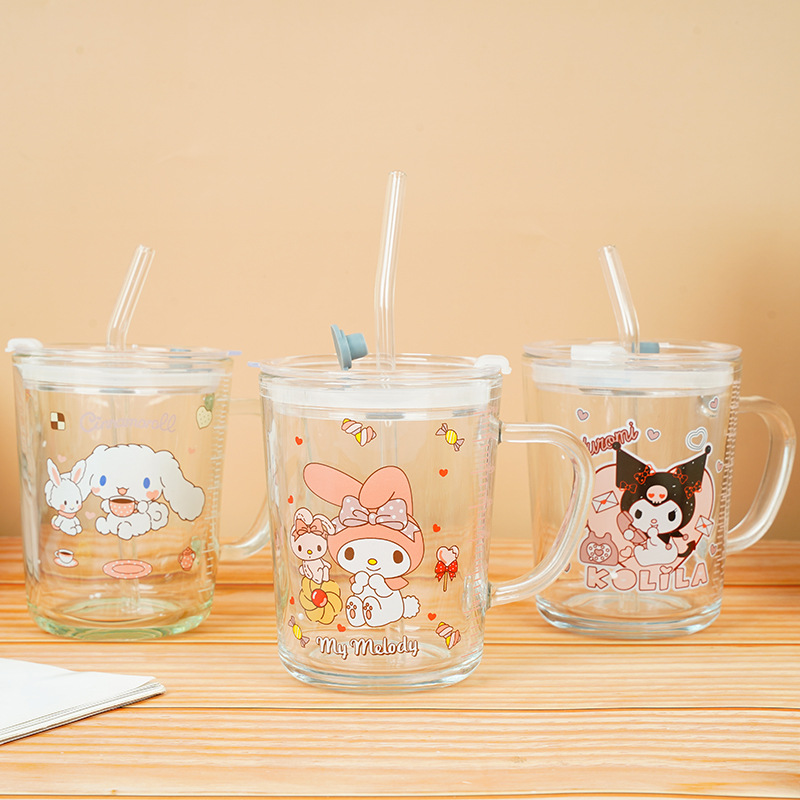 sanrio glass net red straw cup girl heart scale milk cup drink juice ins style milk tea cup with lid