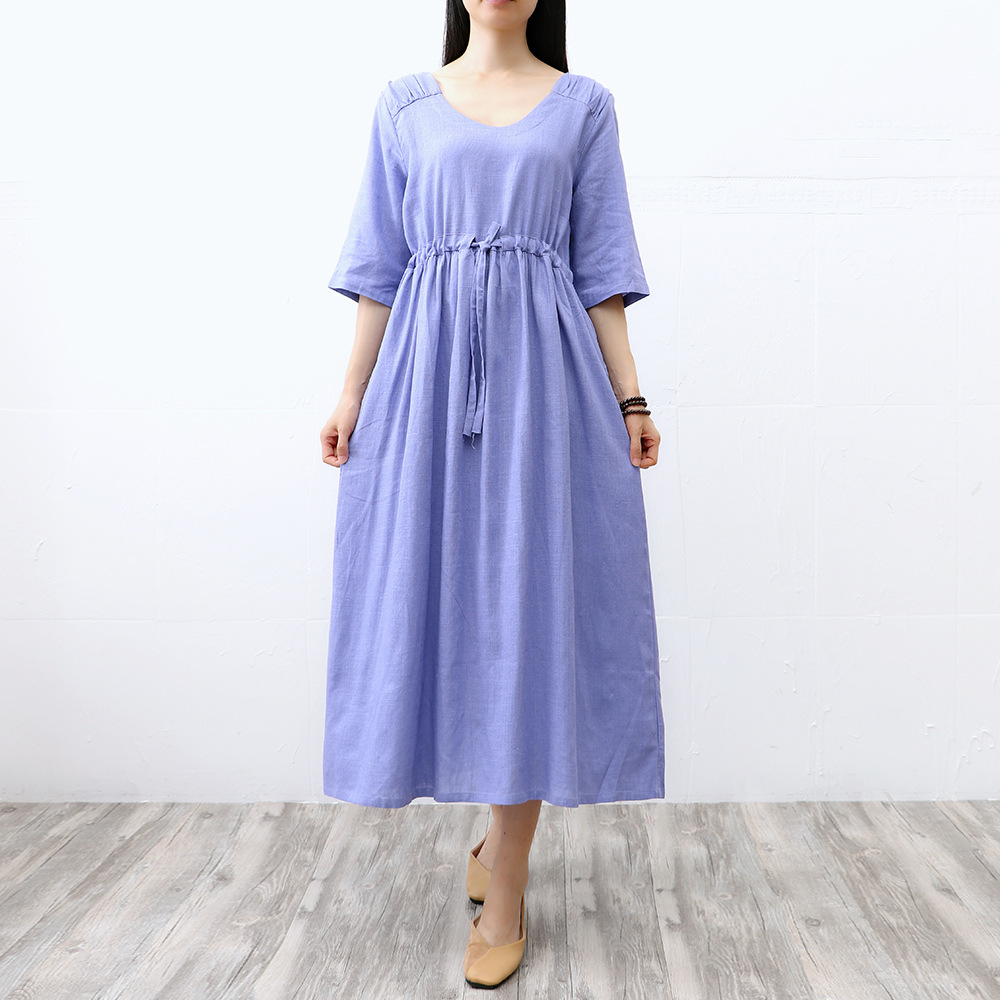 初秋新款v领中袖棉麻连衣裙女中长款修身高腰系带纯色长裙送腰带