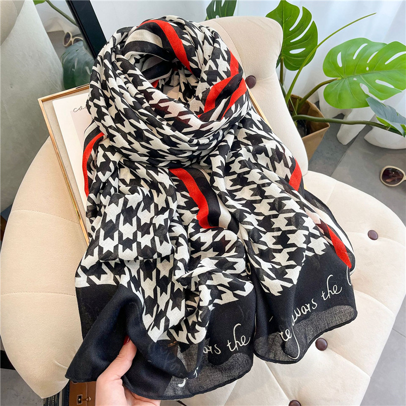 Korean Style Houndstooth Scarf Summer Thin Type Sunscreen Shawl Outer Match Silk Scarf Women's All-Match Seaside Scarf Beach Towel