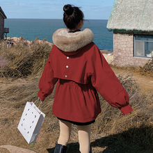 实拍新款红色工装派克棉服女短款冬季小个子加绒加厚收腰棉衣外套