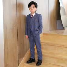 儿童套装韩版格子小西装外套演出服男童钢琴主持演讲礼服秋冬新款