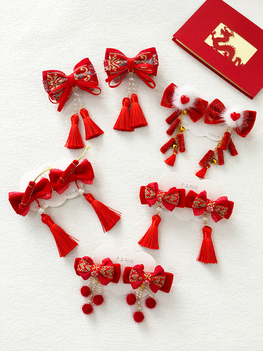 国潮红色蝴蝶结发夹子女童新年流苏对夹鞭炮过年头饰古风汉服发饰