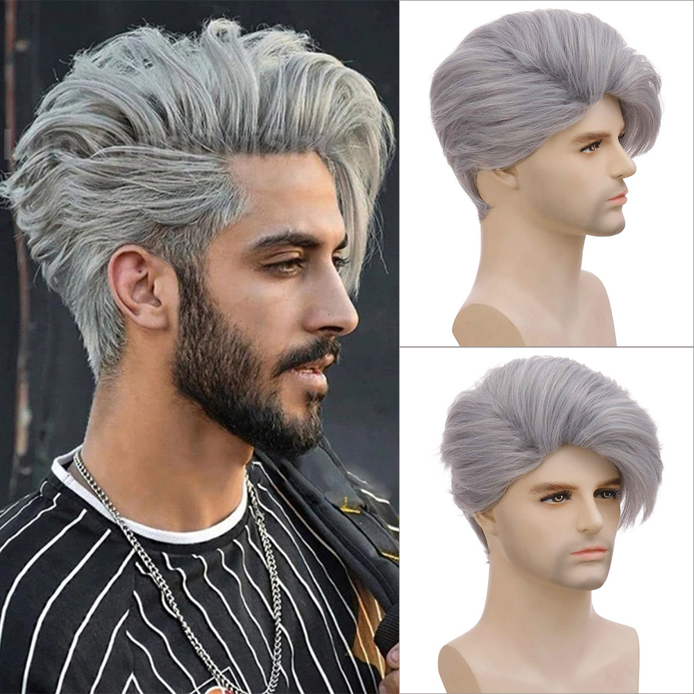 欧美男士假发 跨境新款时尚个性银灰色化纤假发头套短发男 现货