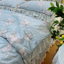 韩式夏凉被砂洗棉蕾丝花边少女心空调被床盖四件套绗缝夹棉2米床