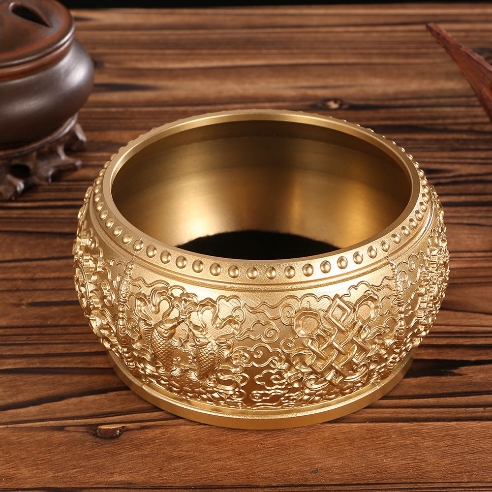 纯黄铜摆金色浮雕八宝香炉手工聚宝盆米缸桌面玄关中式摆件烟灰缸