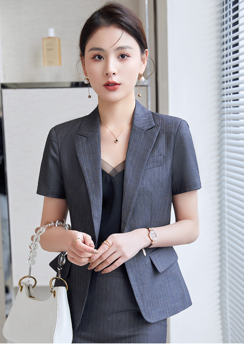 焕新职业装女套装条纹短袖西装夏季白领酒店业务员工作服701050