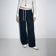 JMB051#欧美风 春夏新款 法式设计感 时尚抽绳双层腰身宽腿裤女装