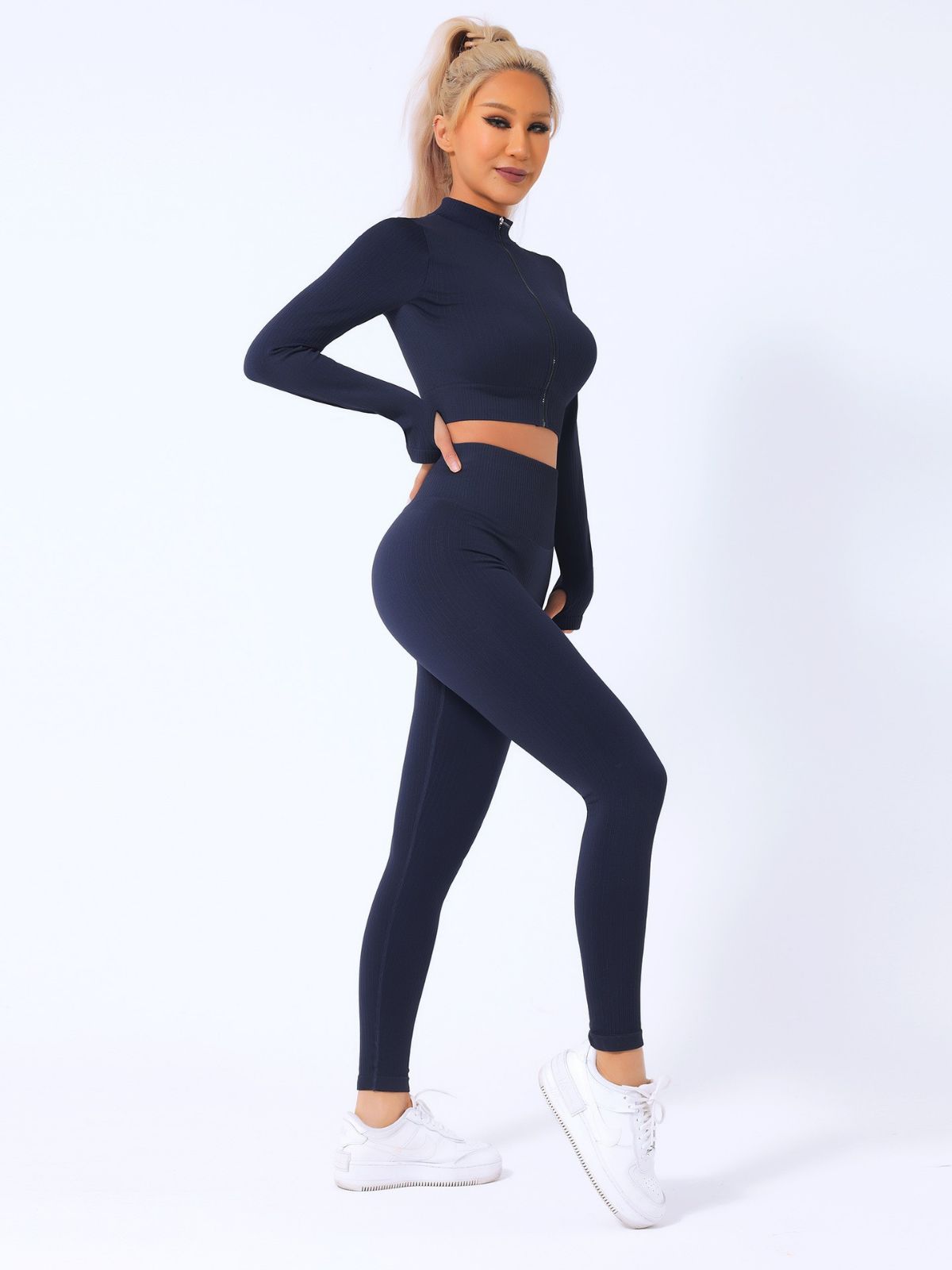 European and American Quick-Drying Fitness Exercise Yoga Clothes Suit Women's Long-Sleeve Zipper Workout Clothes Top Abdominal-Shaping High Waist Yoga Pants