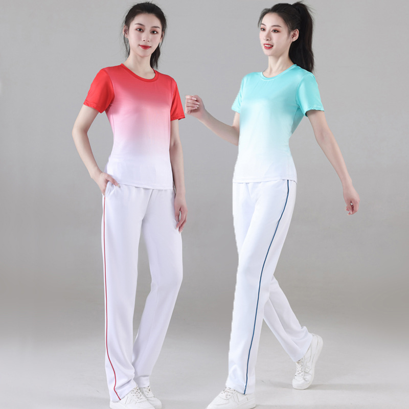 广场舞服装女夏跳舞衣服套装舞蹈服佳木斯健身操速干衣短袖徒步