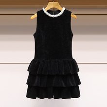 芭蕾风连衣裙2024春新款黑色细闪蛋糕蓬蓬裙小香风珍珠领收腰裙子